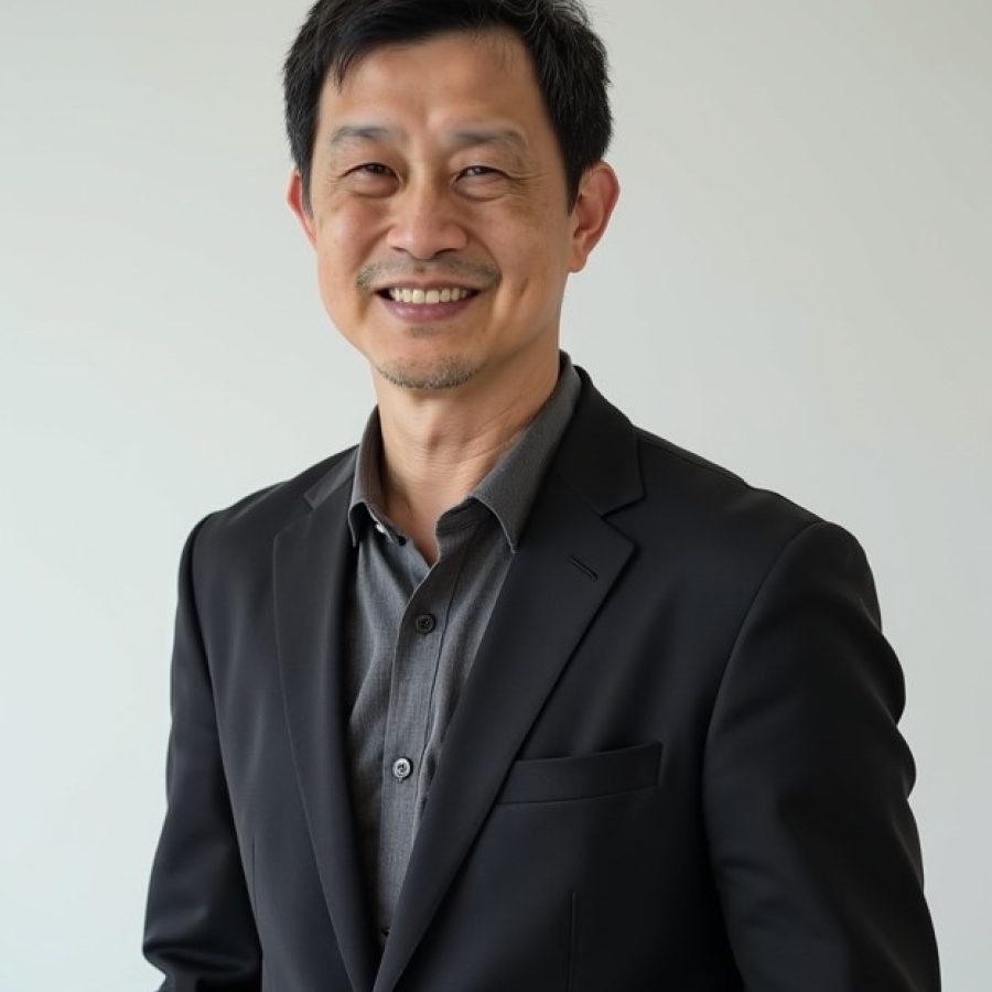 Professional headshot of a smiling middle-aged Asian man wearing a black blazer over a dark grey button-down shirt.